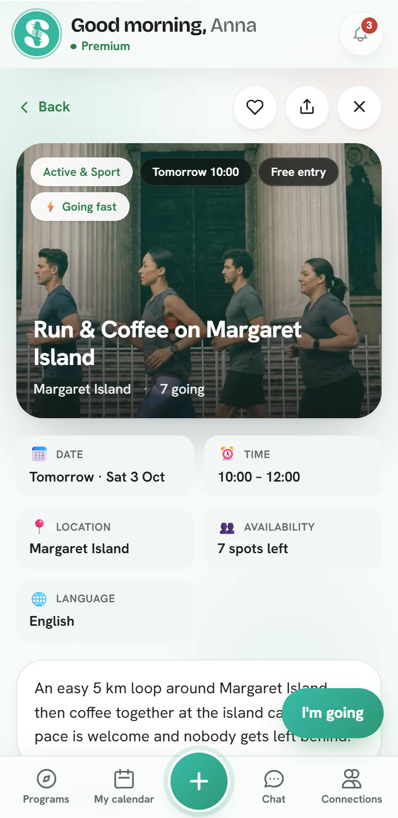 An event page in the member app: photo, date, time, location, spots left, language and an “I’m going” button.