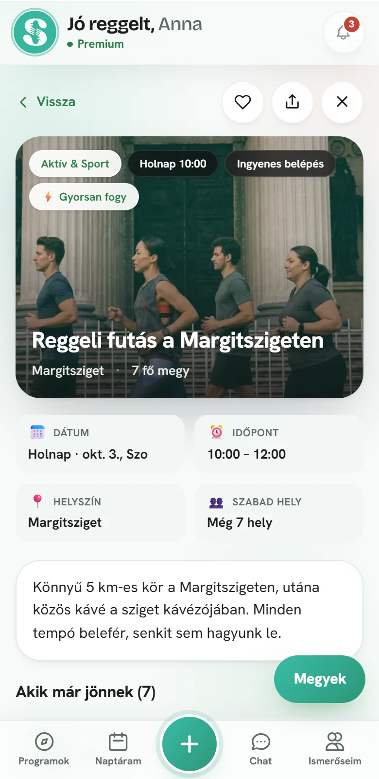 Programoldal a tagi alkalmazásban: fotó, dátum, időpont, helyszín, szabad helyek és „Megyek” gomb.