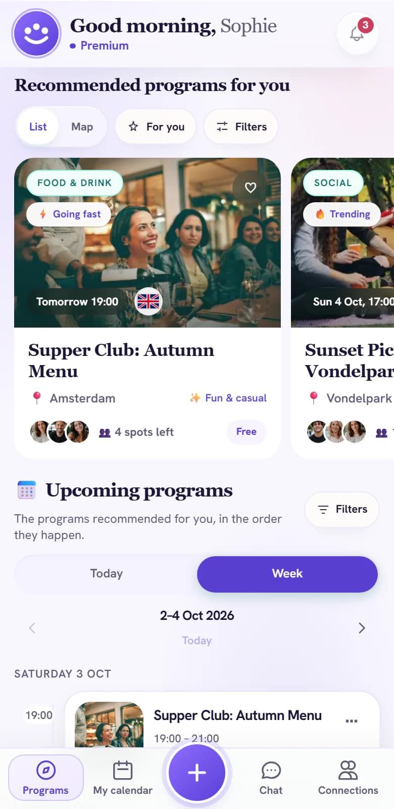 The same app rebranded as Gatherly, a fictional brand, in violet with its own typeface and events in Amsterdam.