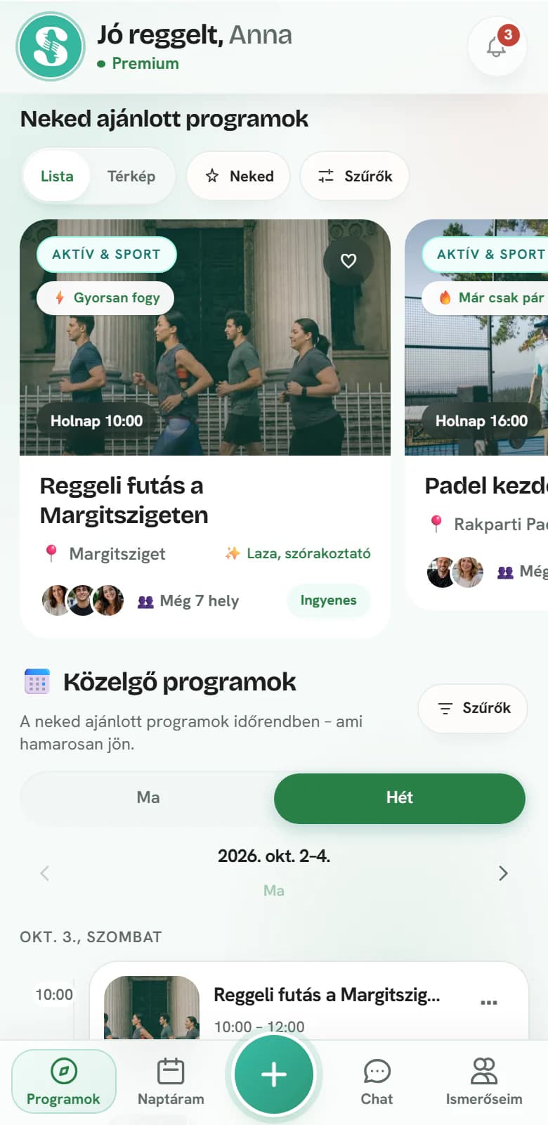 A Socialize tagi alkalmazása: ajánlott budapesti programok, alattuk a heti naptár.