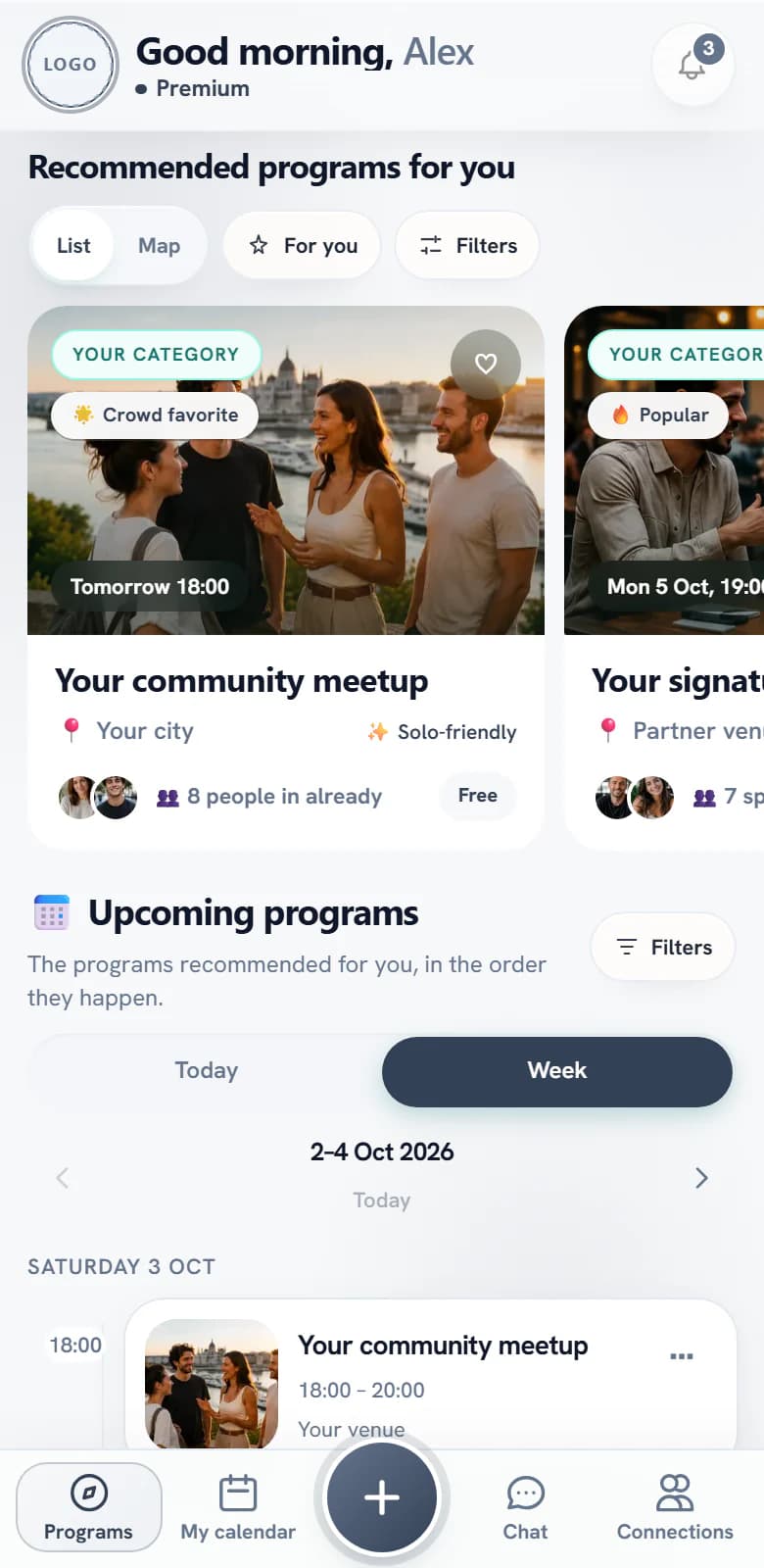 The same app as a neutral template with a placeholder logo and “Your city”, ready for your brand.