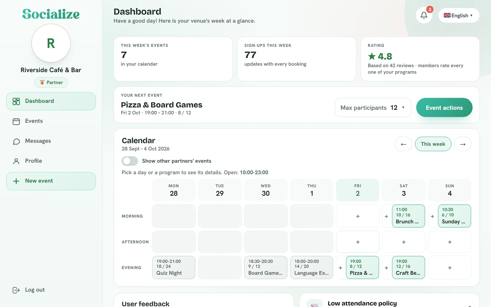The partner dashboard of a venue: this week’s events, sign-ups and rating, the next event and a weekly calendar.