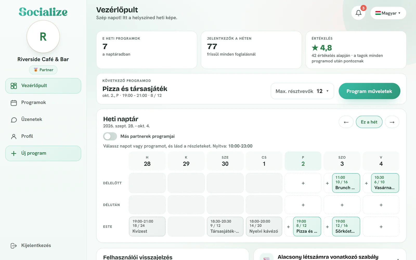 Egy helyszín partneri felülete: a hét programjai, jelentkezései és értékelése, a következő program és a heti naptár.