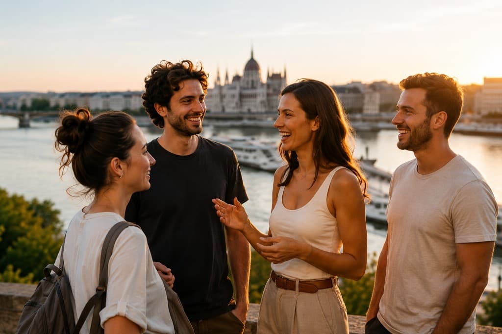 A group of friends meeting up by the river in Budapest at sunset.